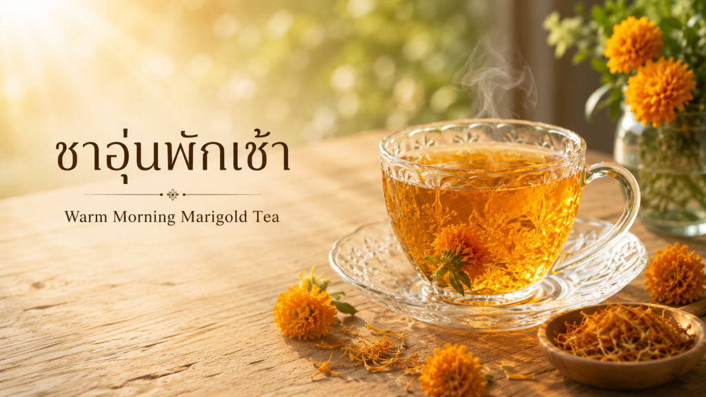 ภาพแบนเนอร์ชาดาวเรืองร้อน ในแก้วชาลายดอกไม้แบบพรีเมี่ยม พร้อมพื้นที่สำหรับหัวข้อบนภาพ