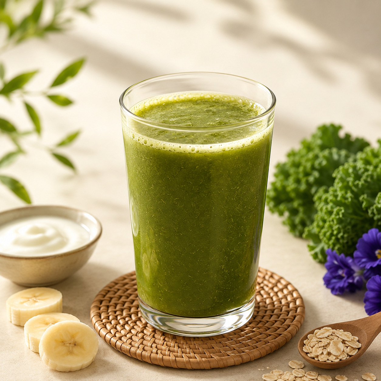 Green Breakfast Cup เสิร์ฟในแก้วใสทรงตรง สีเขียวธรรมชาติ ดื่มเย็นสดชื่น