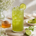 Green Honey Soda served in a minimal clear glass with ice and soda bubbles