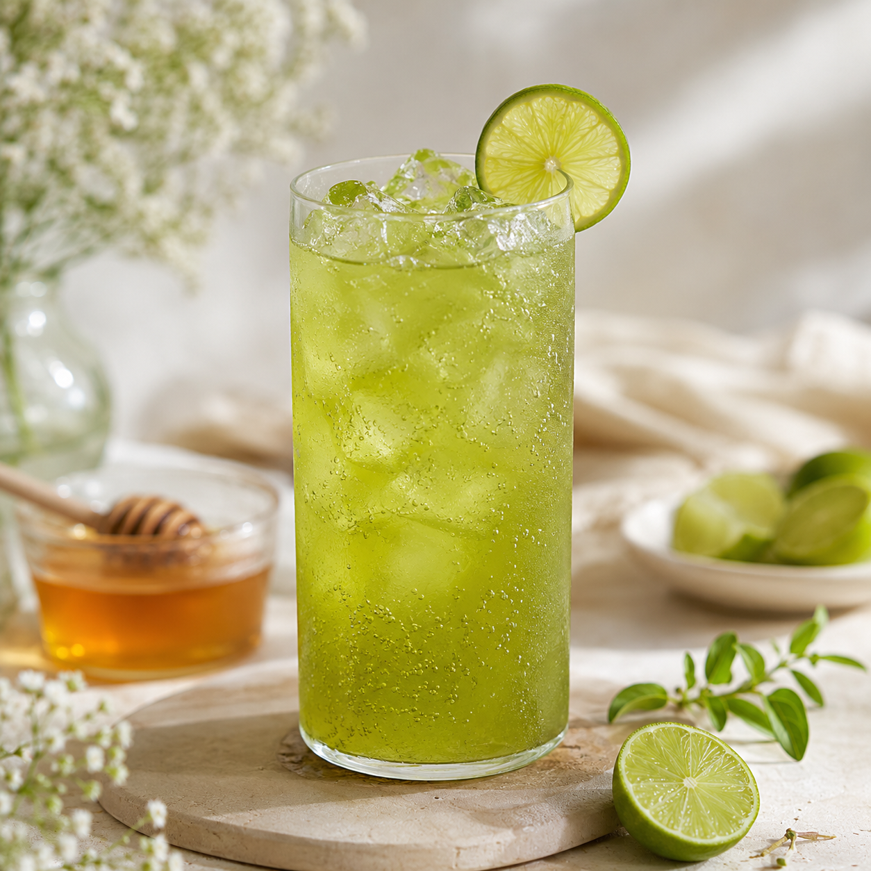 Green Honey Soda served in a minimal clear glass with ice and soda bubbles