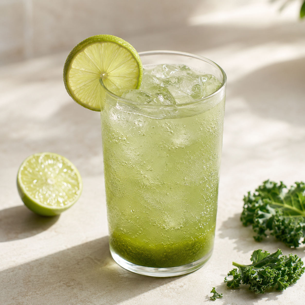 Kale Lime Soda เคลโซดามะนาวในแก้ว เครื่องดื่มผงเคล มะนาว และโซดา