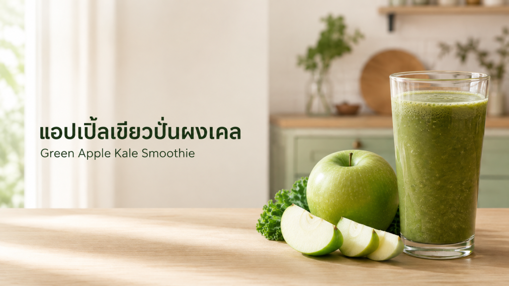 green-apple-kale-smoothie-banner เครื่องดื่มแอปเปิ้ลเขียวปั่นกับแอปเปิ้ลสดบนโต๊ะไม้