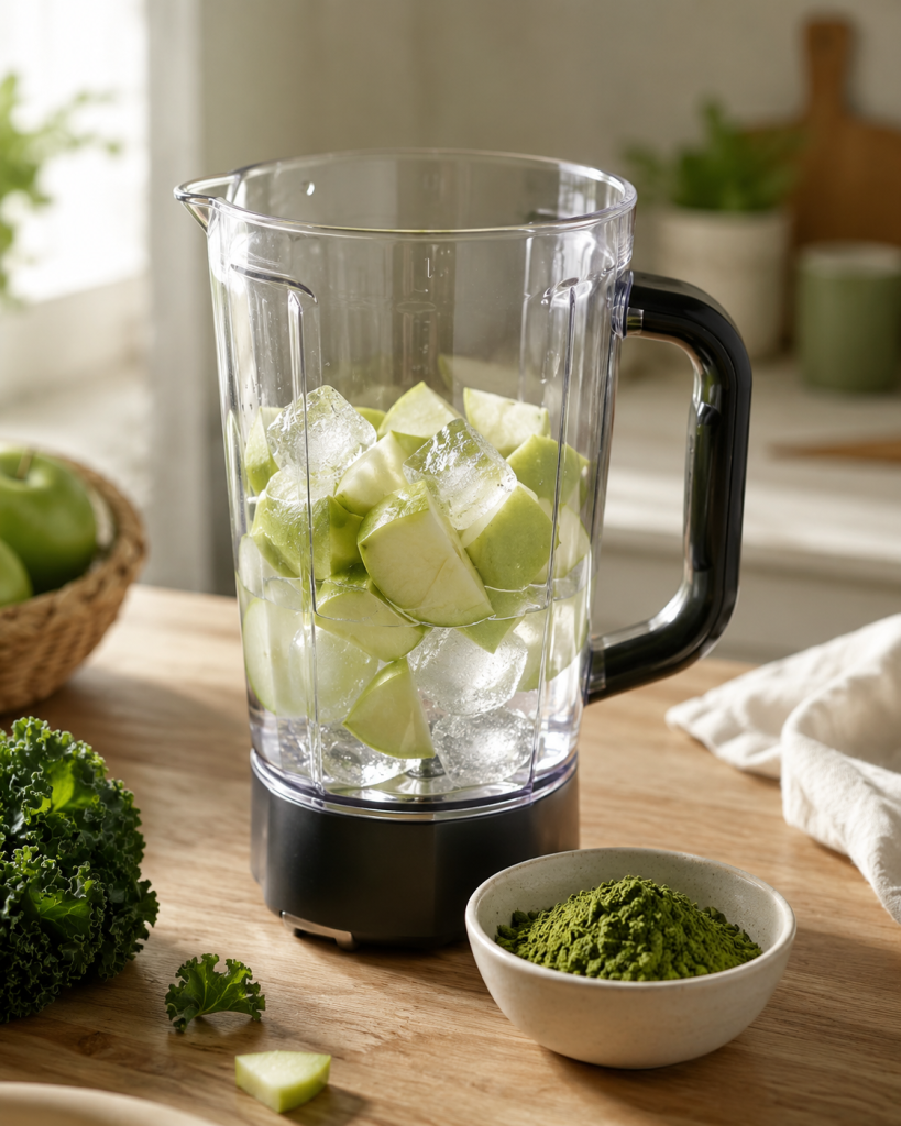 how-to-make-green-apple-kale-smoothie แอปเปิ้ลเขียวและส่วนผสมเตรียมใส่โถปั่น