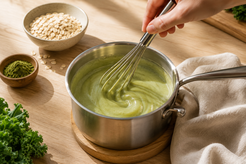 ขั้นตอนกวนสังขยา Kale’Oat ในหม้อบนไฟอ่อน