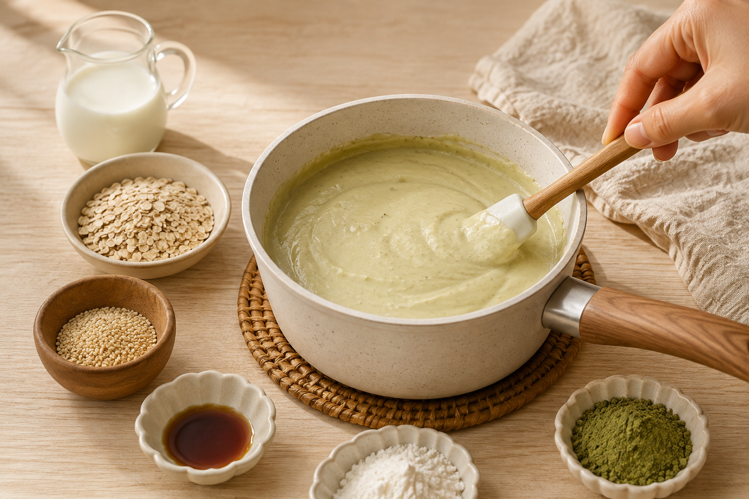 ขั้นตอนกวนส่วนผสมพุดดิ้ง Kale’Oat ในหม้อ