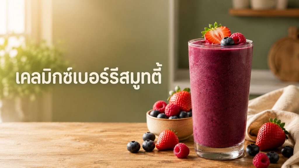 เคลมิกซ์เบอร์รีสมูทตี้บนโต๊ะไม้ในบรรยากาศครัวอบอุ่น